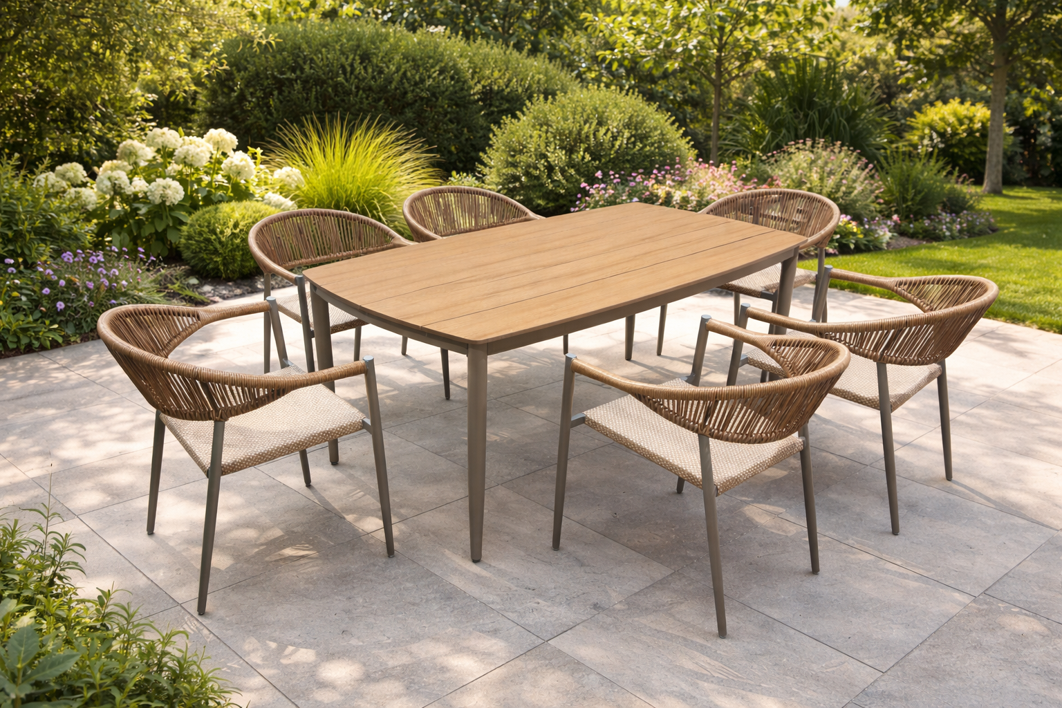 סט פינת אוכל לגינה שולחן ו 6 כסאות בשילוב דמוי עץ וראטן 160*90 ס"מ דגם מונטון