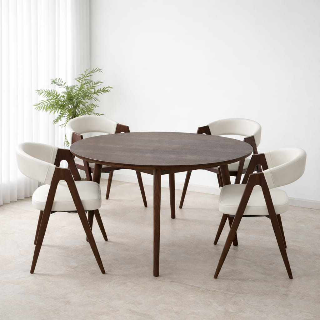 פינת אוכל שולחן עגול צבע עץ אגוז קוטר 120 ס"מ דגם דניאל + 4 כיסאות דמוי עור בשילוב רגל אגוז דגם מודרן