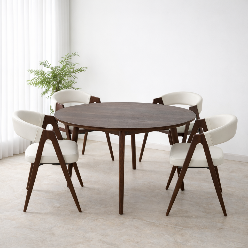 פינת אוכל שולחן עגול צבע עץ אגוז קוטר 120 ס"מ דגם דניאל + 4 כיסאות דמוי עור בשילוב רגל אגוז דגם מודרן