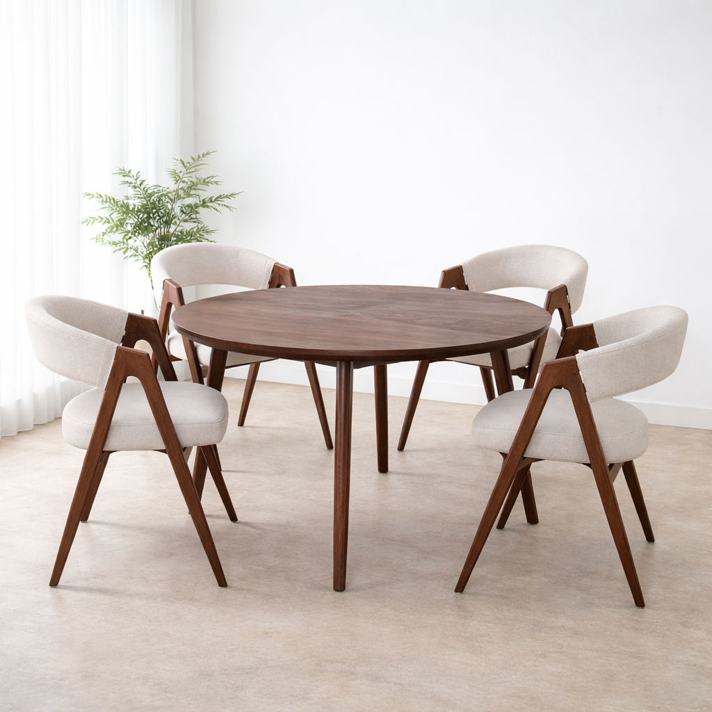 פינת אוכל שולחן עגול צבע עץ אגוז קוטר 120 ס"מ דגם דניאל + 4 כיסאות מבד ארוג בשילוב רגל אגוז דגם מודרן