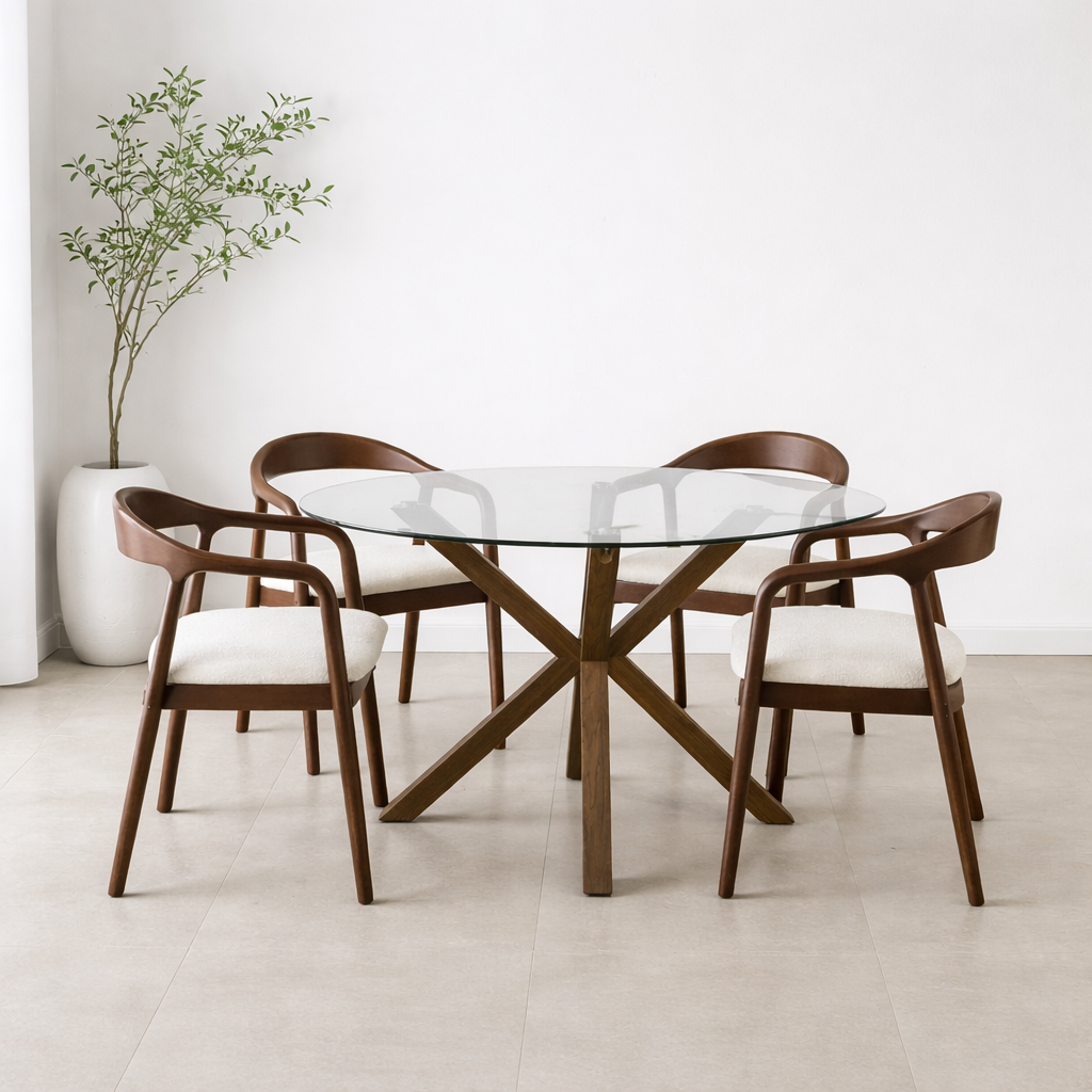 סט שולחן אוכל זכוכית רגל דמוי עץ אגוז ובשילוב 4 כסאות עץ מלא צבע אגז בשילוב ריפוד פשתן דגם ג'ורדן