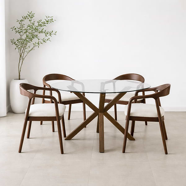 סט שולחן אוכל זכוכית רגל דמוי עץ אגוז ובשילוב 4 כסאות עץ מלא צבע אגז בשילוב ריפוד פשתן דגם ג'ורדן