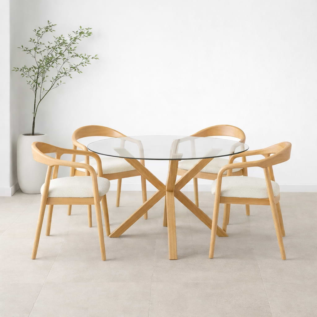 סט שולחן אוכל זכוכית רגל דמוי עץ אלון ובשילוב 4 כסאות עץ מלא צבע אלון בשילוב ריפוד פשתן דגם ג'ורדן