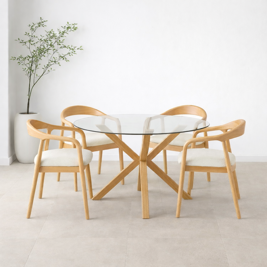 סט שולחן אוכל זכוכית רגל דמוי עץ אלון ובשילוב 4 כסאות עץ מלא צבע אלון בשילוב ריפוד פשתן דגם ג'ורדן