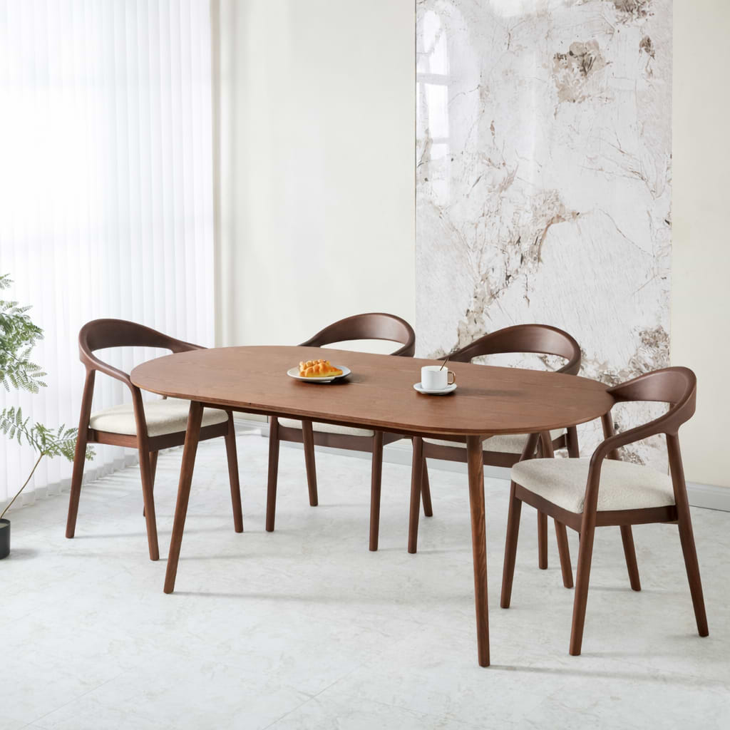 פינת אוכל שולחן אובלי צבע עץ אגוז 180*90 ס"מ דגם סלסטה + 4 כיסאות חול בשילוב רגל אגוז דגם ג'ורדן