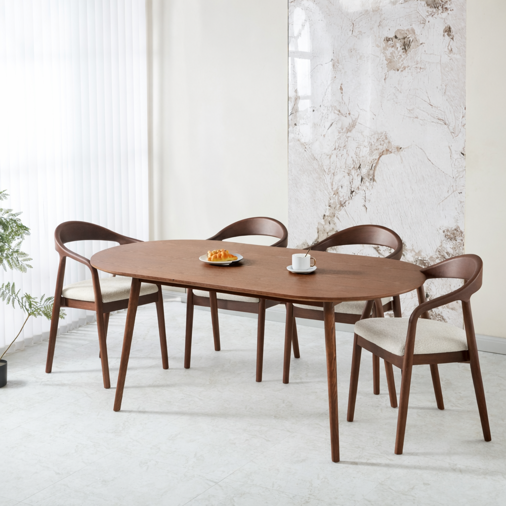 פינת אוכל שולחן אובלי צבע עץ אגוז 180*90 ס"מ דגם סלסטה + 4 כיסאות חול בשילוב רגל אגוז דגם ג'ורדן