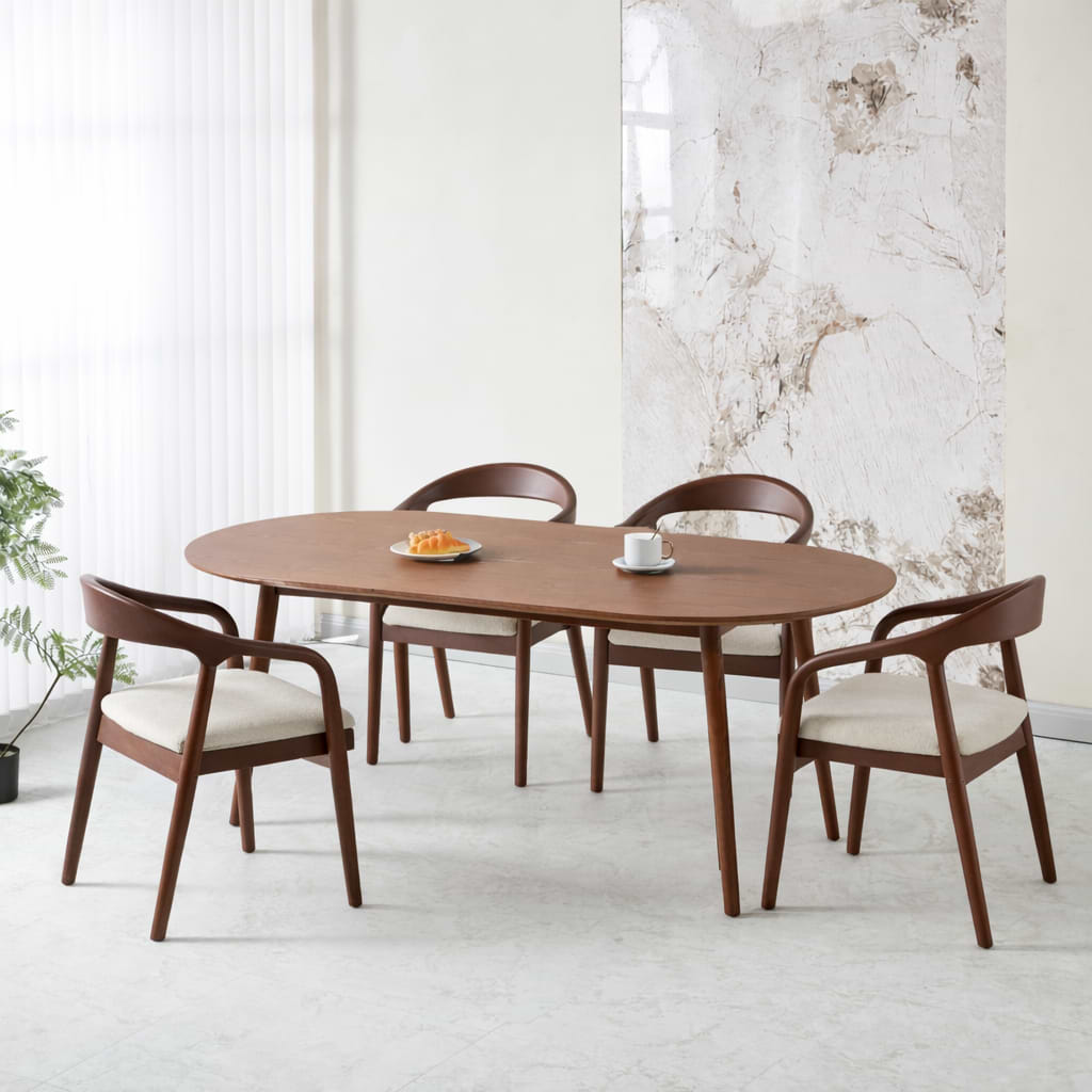 פינת אוכל שולחן אובלי צבע עץ אגוז 180*90 ס"מ דגם סלסטה + 4 כיסאות חול בשילוב רגל אגוז דגם ג'ורדן