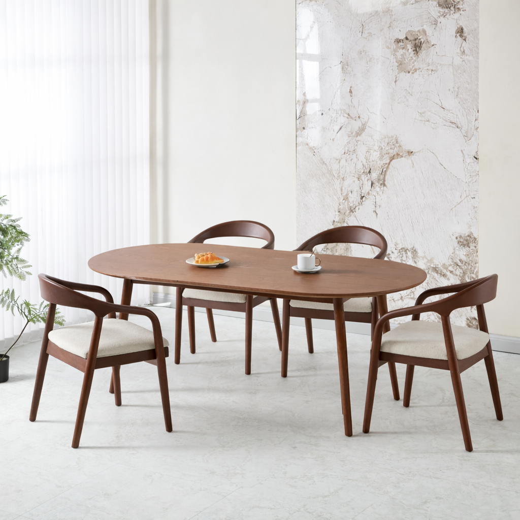 פינת אוכל שולחן אובלי צבע עץ אגוז 180*90 ס"מ דגם סלסטה + 4 כיסאות חול בשילוב רגל אגוז דגם ג'ורדן