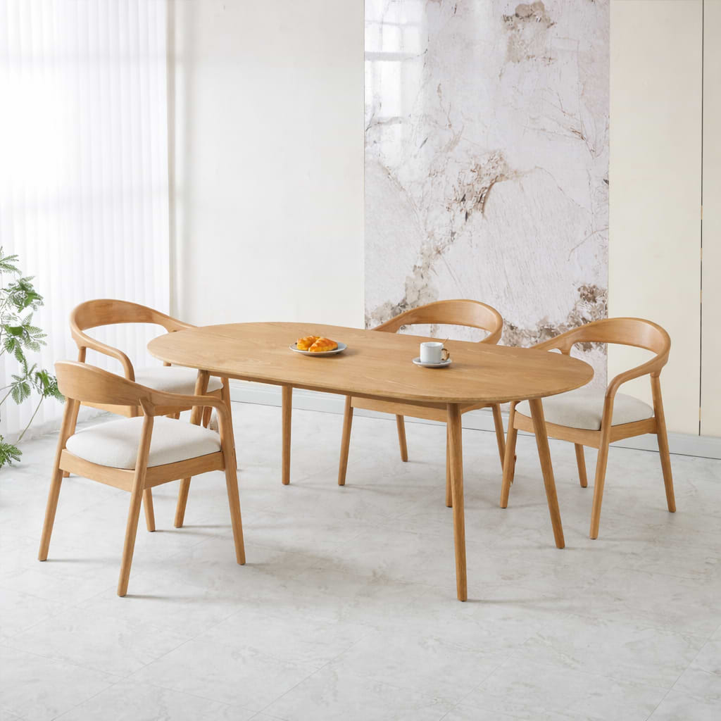 פינת אוכל שולחן אובלי צבע עץ אלון 180*90 ס"מ דגם סלסטה + 4 כיסאות חול בשילוב רגל אלון דגם ג'ורדן