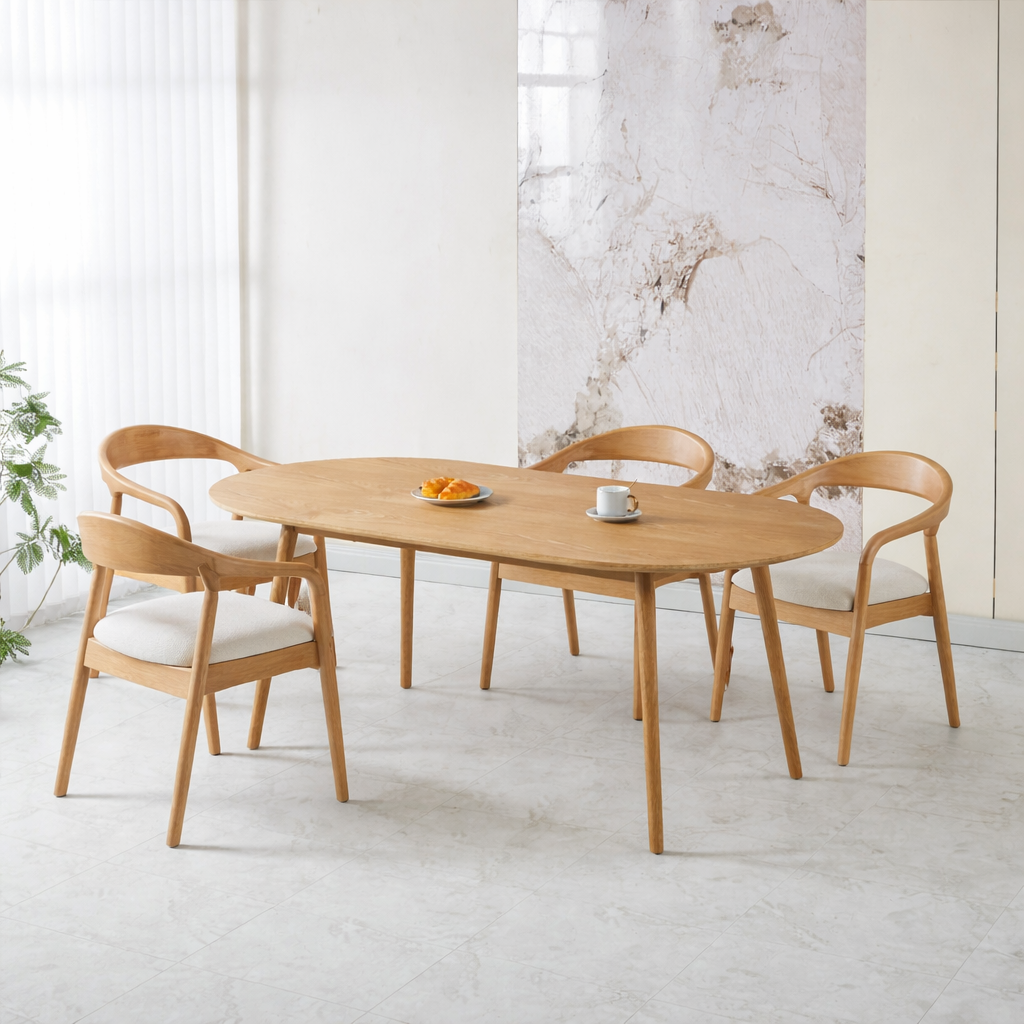 פינת אוכל שולחן אובלי צבע עץ אלון 180*90 ס"מ דגם סלסטה + 4 כיסאות חול בשילוב רגל אלון דגם ג'ורדן