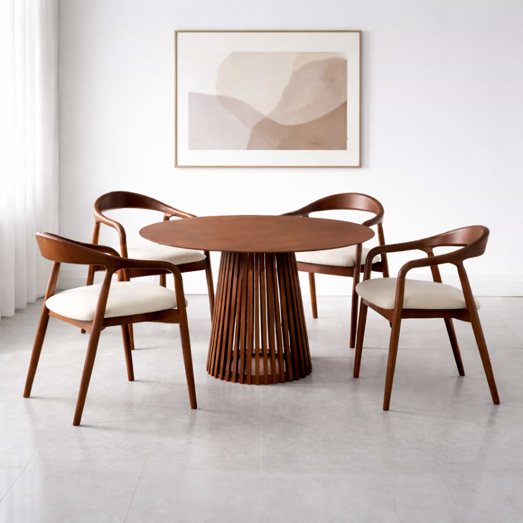 פינת אוכל שולחן עגול 110 ס"מ דגם פורטו ו4 כיסאות חול בשילוב רגל אגוז דגם ג'ורדן