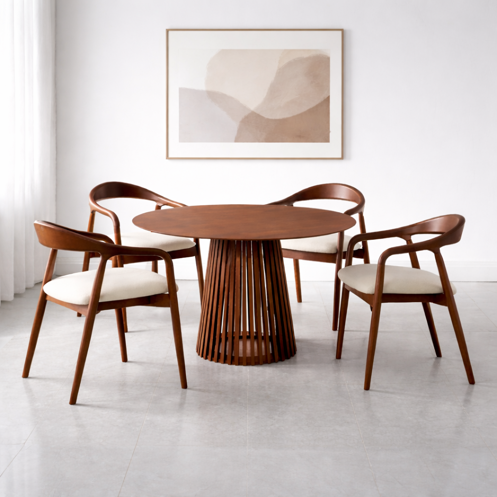 פינת אוכל שולחן עגול 110 ס"מ דגם פורטו ו4 כיסאות חול בשילוב רגל אגוז דגם ג'ורדן