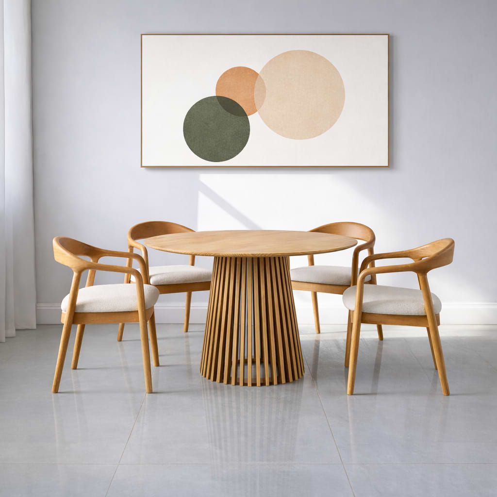 פינת אוכל שולחן עגול 110 ס"מ דגם פורטו ו4 כיסאות חול בשילוב רגל אלון דגם ג'ורדן