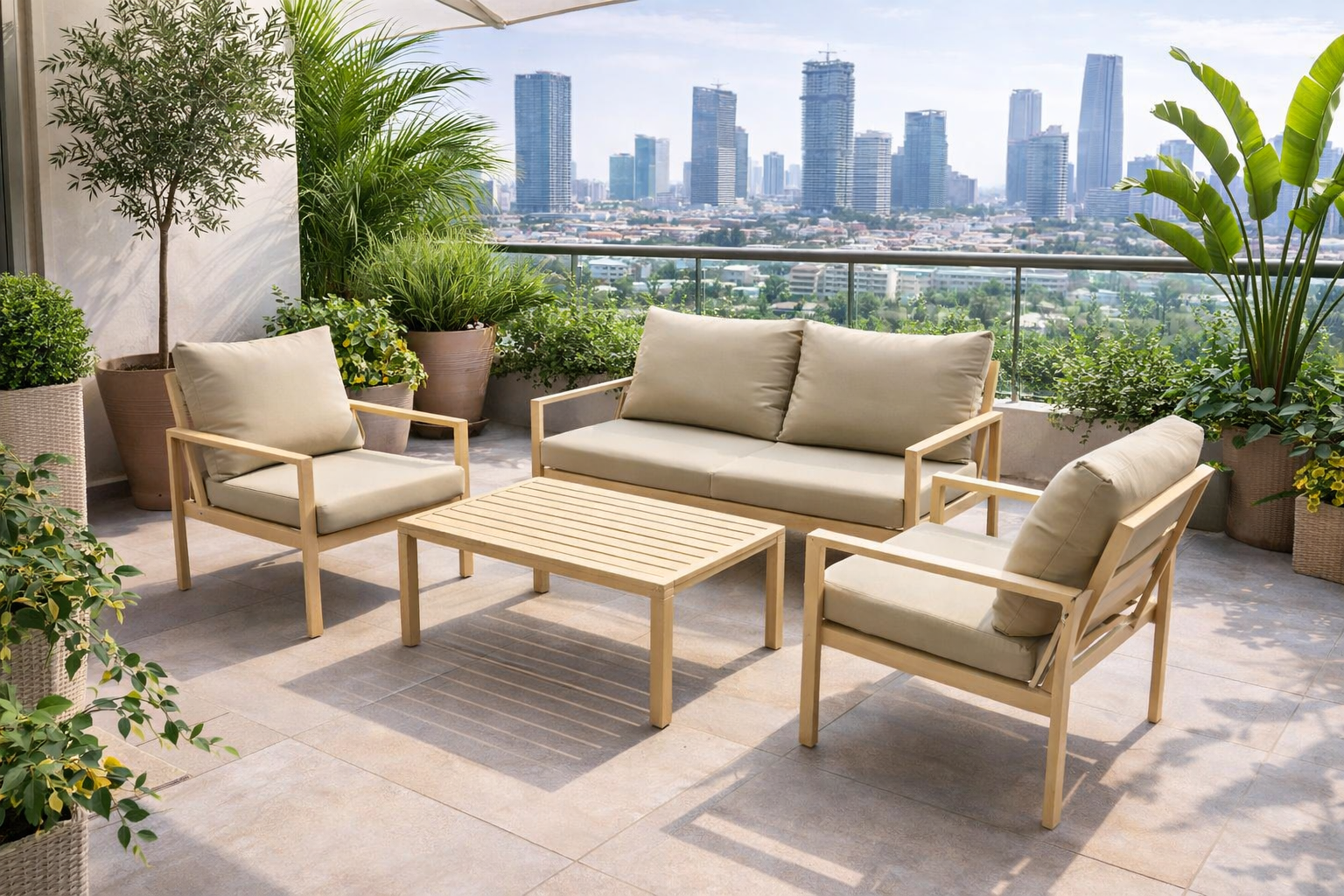 פינת ישיבה לגינה מאלומיניום שמפניה בשילוב כריות בז' דגם איתמר