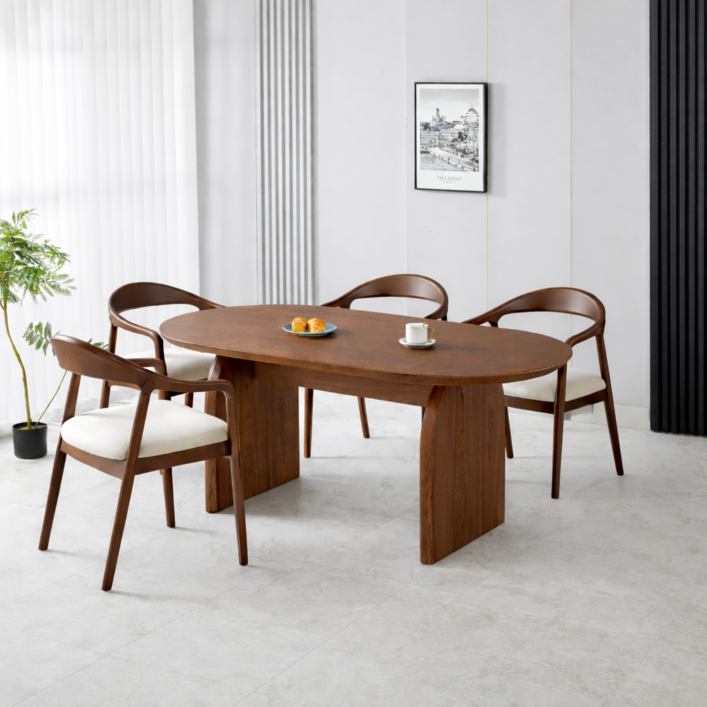 פינת אוכל שולחן אובלי צבע עץ אגוז 180*90 ס"מ דגם מרטין+ 4 כיסאות חול בשילוב רגל אגוז דגם ג'ורדן