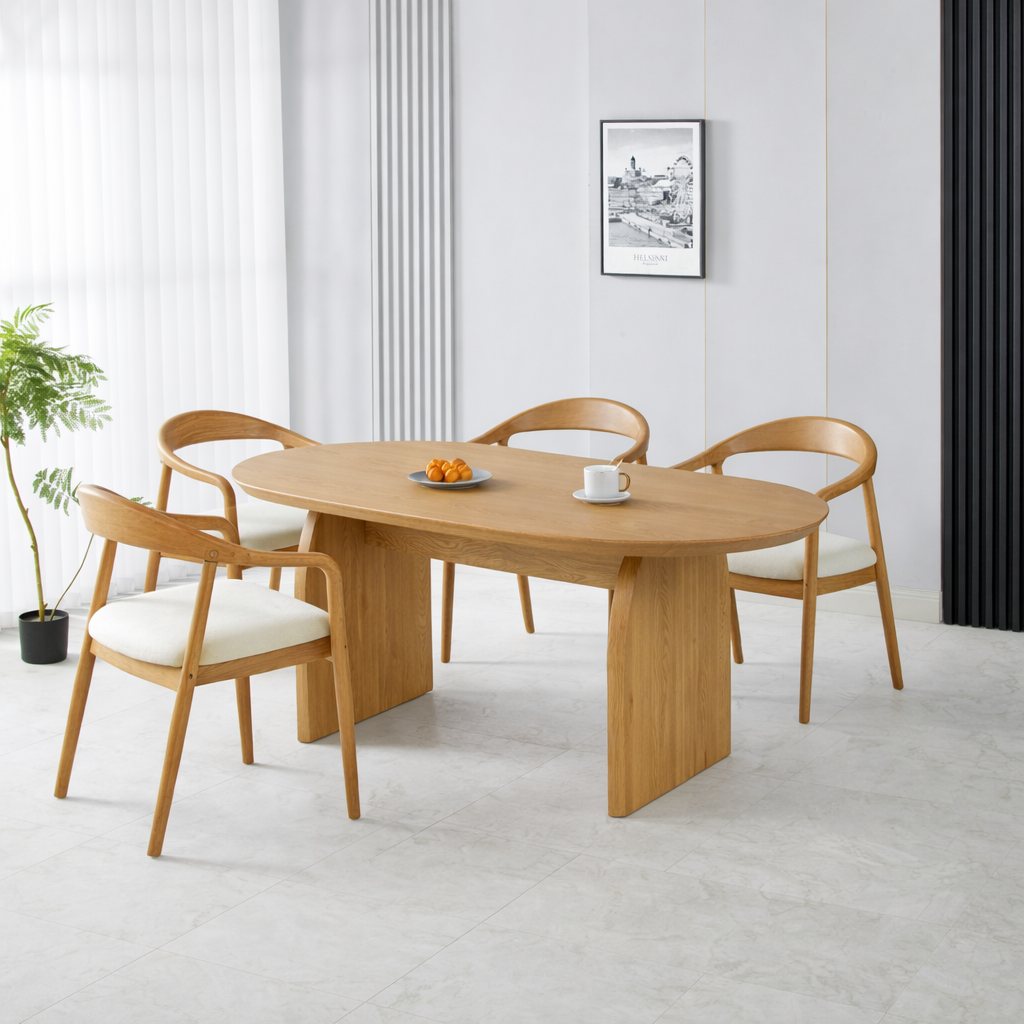 פינת אוכל שולחן אובלי צבע עץ אלון 180*90 ס"מ דגם מרטין+ 4 כיסאות חול בשילוב רגל אלון דגם ג'ורדן