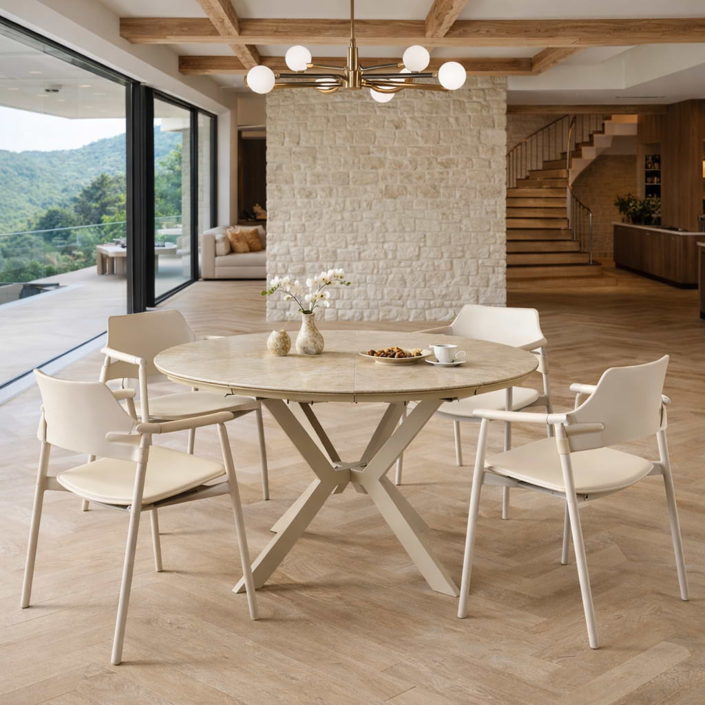 סט פינת אוכל שולחן עגול נפתח טרוונטין בשילוב רגל מתכת בצבע מייפל דגם דיאנה + 4 כיסאות דמוי עור בגוון סהרה רגל מייפל דגם סלינה