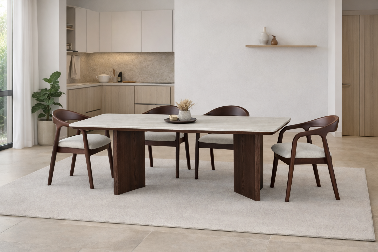 סט פינת אוכל שולחן טרוונטין בשילוב רגל אגוז דגם מונרו + 4 כיסאות עץ אגוז בשילוב פשתן חול דגם ג'ורדן