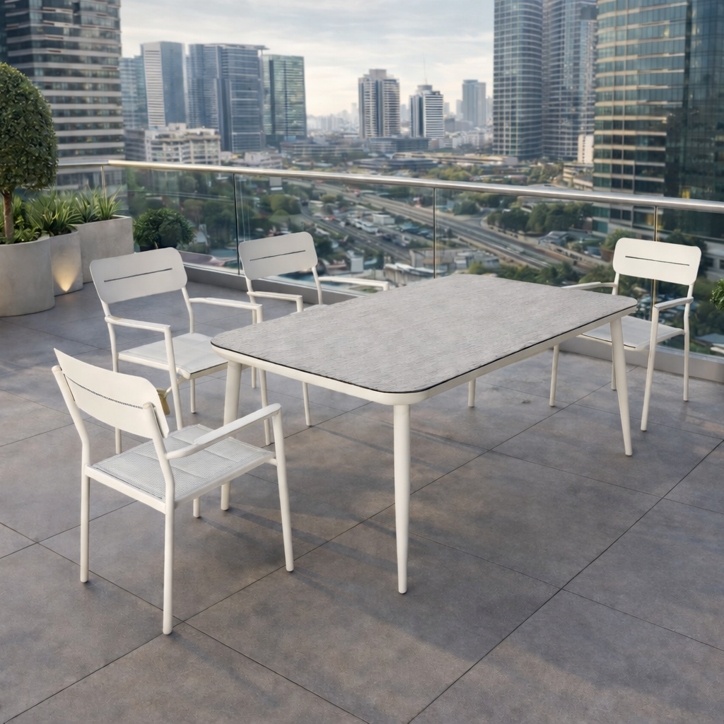 סט פינת אוכל לגינה מאלומיניום בצבע לבן בשילוב פלטה דמוי  אבן בשילוב 4 כסאות 150*90 ס"מ דגם פרזלי