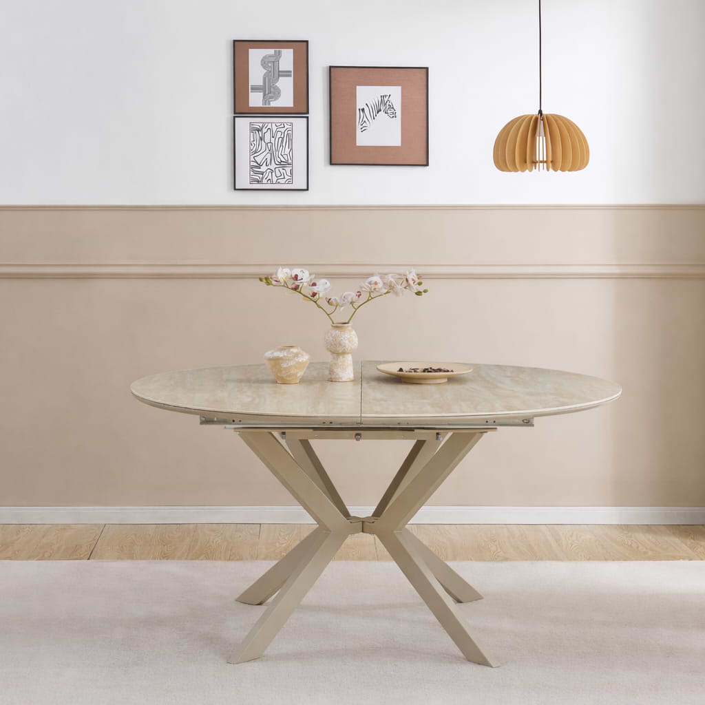 שולחן פינת אוכל עגול נפתח בעיצוב טרוונטין עם רגלי מייפל 120-160*120 ס"מ דגם דיאנה