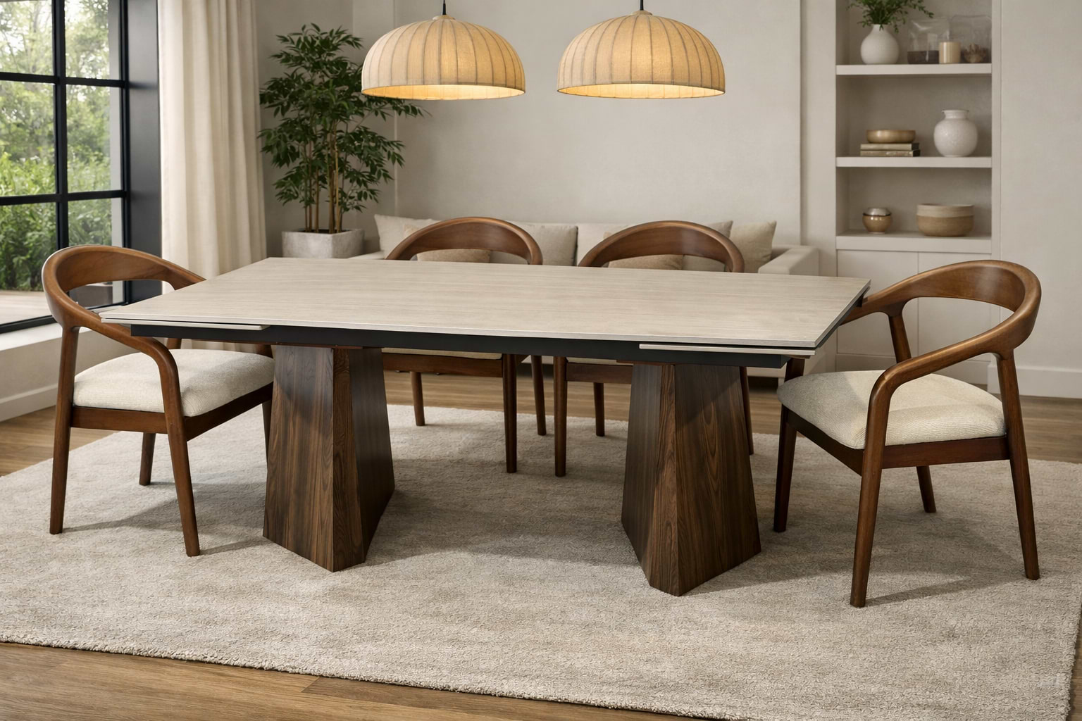 פינת אוכל שולחן מלבני נפתח טרוורטין עם רגליים בצבע אגוז 160-240*90 ס"מ PAROS ו4 כיסאות חול בשילוב רגל אגוז דגם ג'ורדן