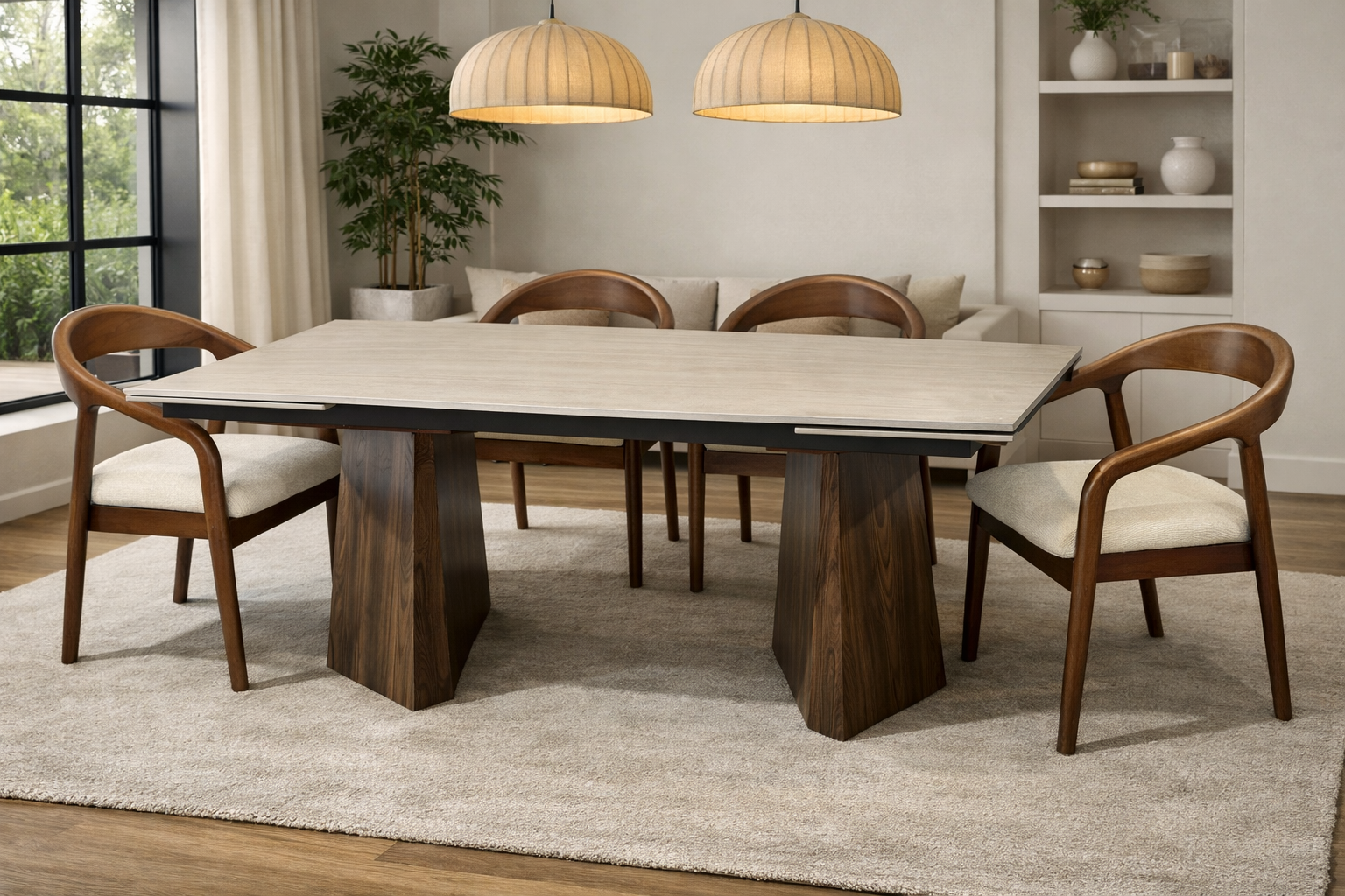 פינת אוכל שולחן מלבני נפתח טרוורטין עם רגליים בצבע אגוז 160-240*90 ס"מ PAROS ו4 כיסאות חול בשילוב רגל אגוז דגם ג'ורדן