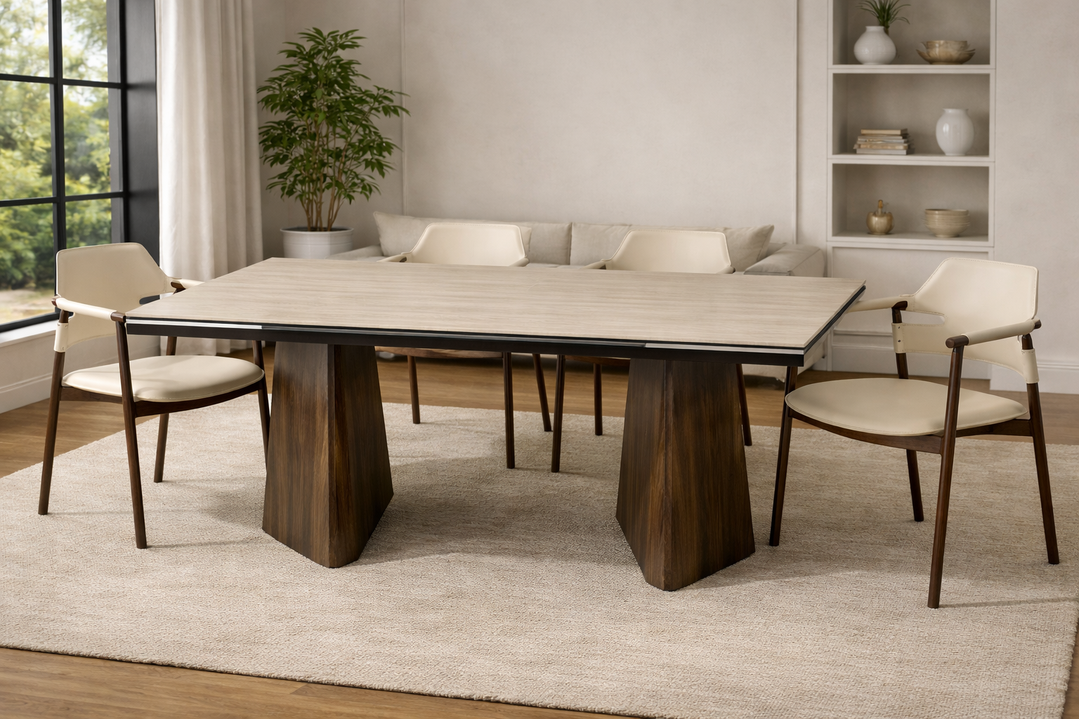 פינת אוכל שולחן מלבני נפתח טרוורטין עם רגליים בצבע אגוז 160-240*90 ס"מ PAROS ו4 כיסאות דמוי עור סהרה בשילוב רגל אגוז דגם סלינה