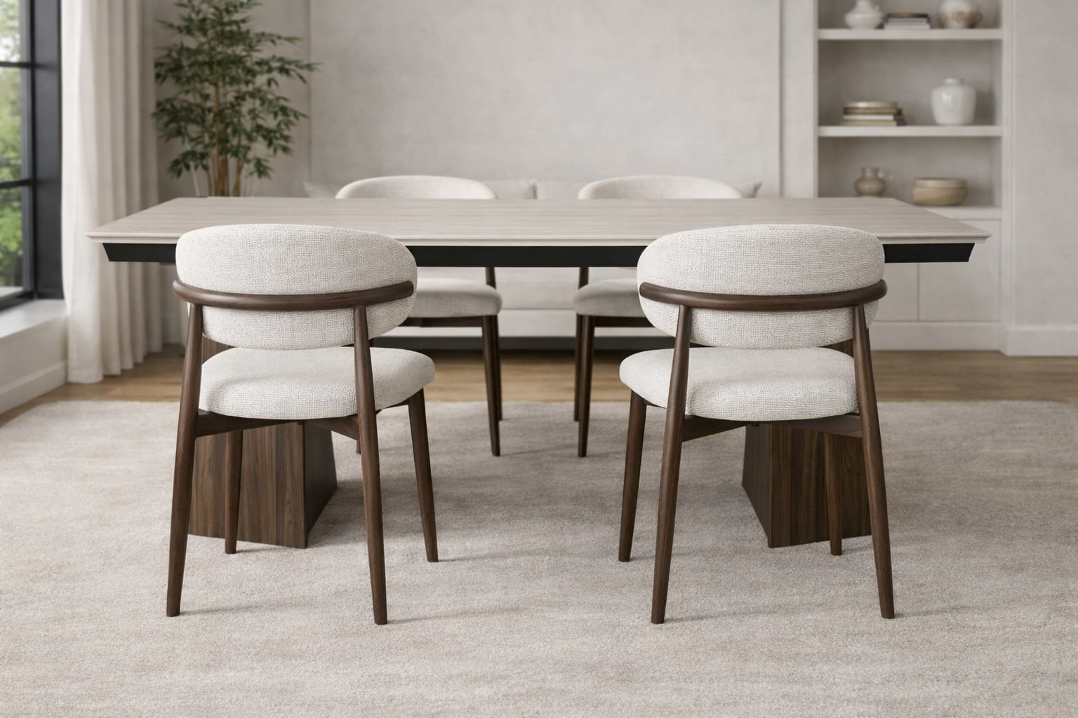 פינת אוכל שולחן מלבני נפתח טרוורטין עם רגליים בצבע אגוז 160-240*90 ס"מ PAROS ו4 כיסאות חול בשילוב רגל דמוי אגוז דגם CELIO