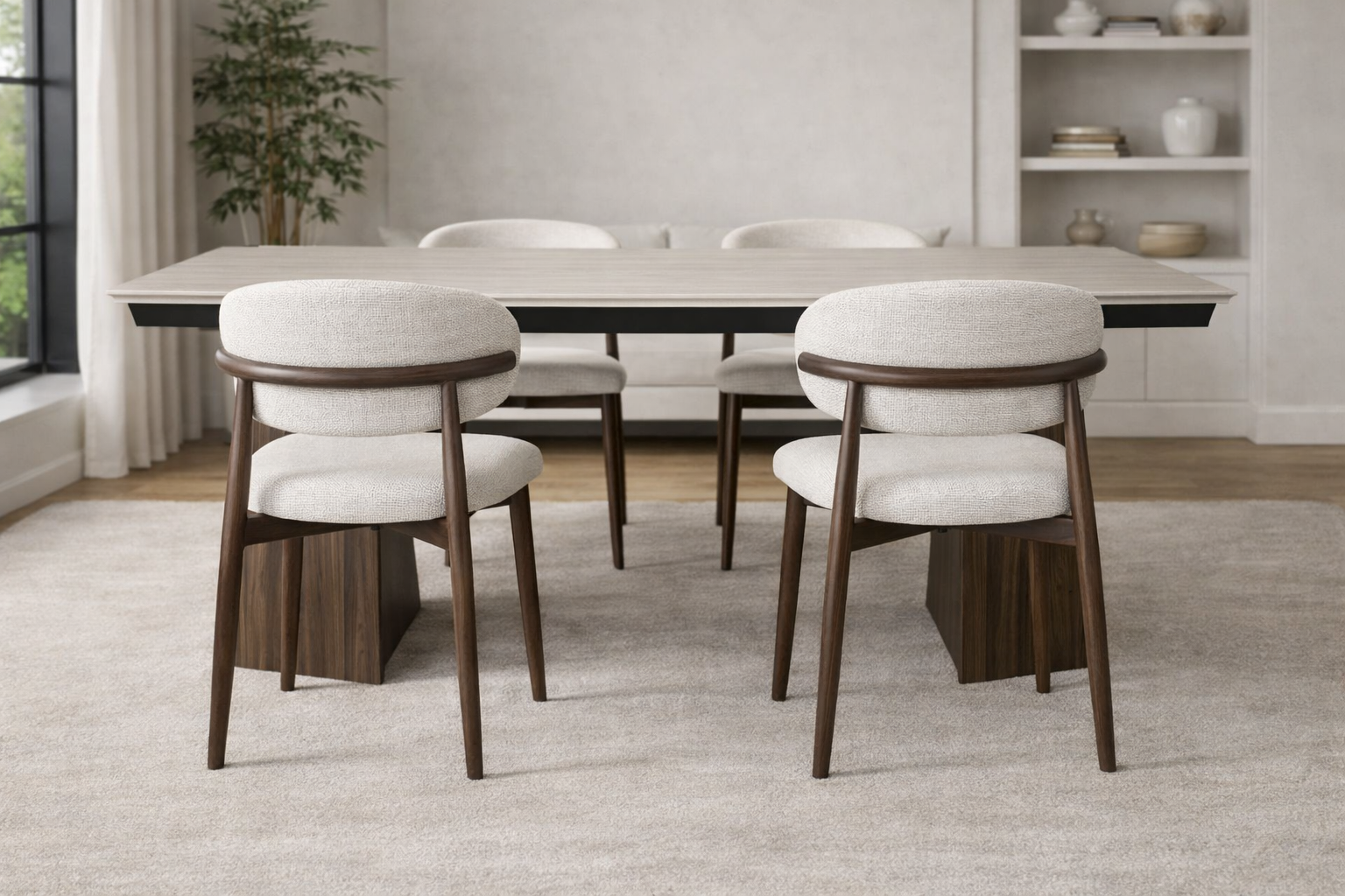 פינת אוכל שולחן מלבני נפתח טרוורטין עם רגליים בצבע אגוז 160-240*90 ס"מ PAROS ו4 כיסאות חול בשילוב רגל דמוי אגוז דגם CELIO