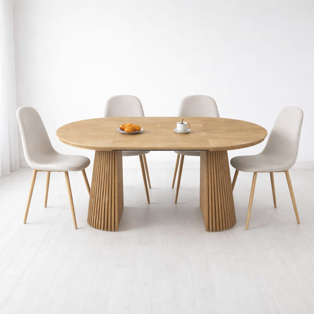 סט פינת אוכל שולחן אובלי נפתח צבע עץ אלון 120-160/200 ס"מ דגם ריאן + 4 כיסאות תואמים