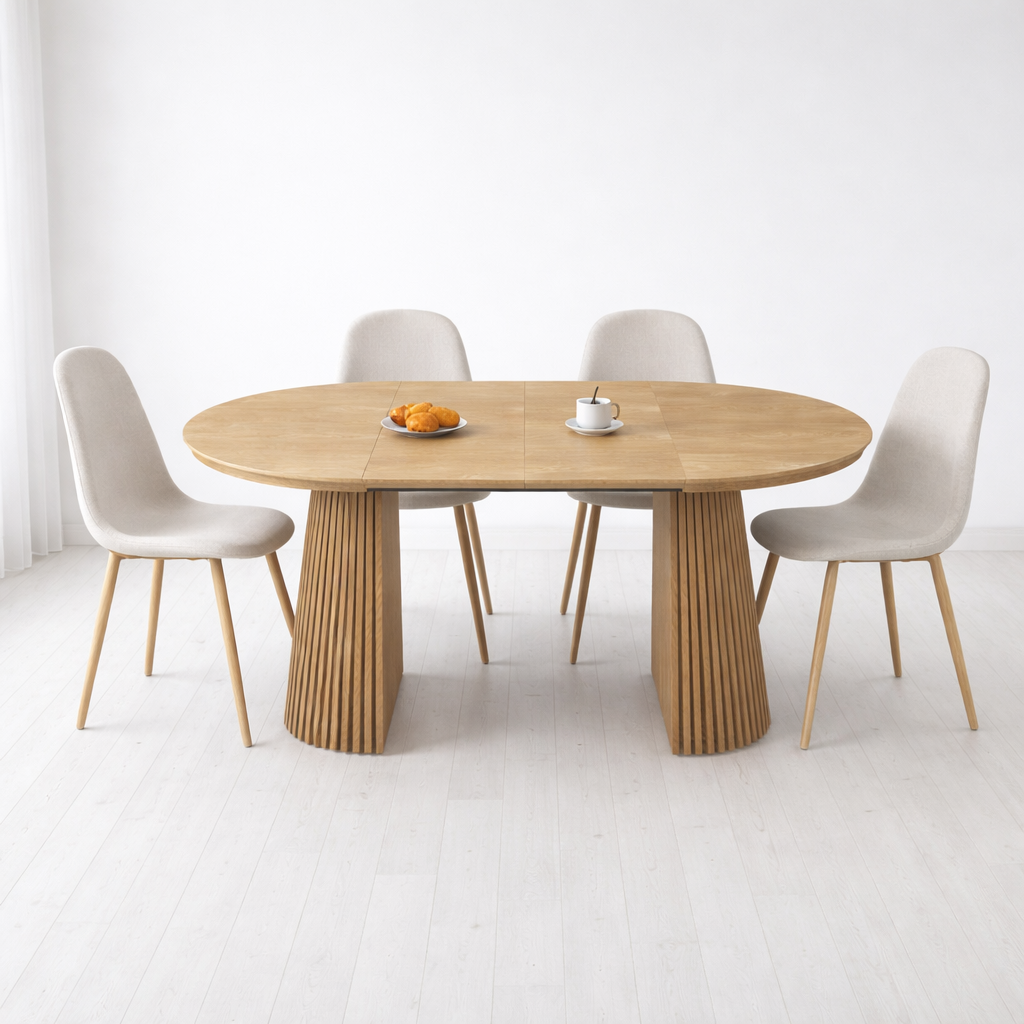 סט פינת אוכל שולחן אובלי נפתח צבע עץ אלון 120-160/200 ס"מ דגם ריאן + 4 כיסאות תואמים