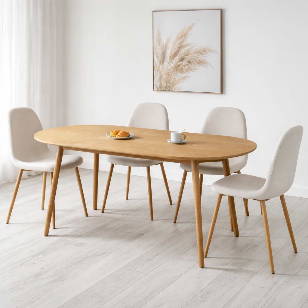 סט פינת אוכל שולחן אובלי צבע עץ אלון 180*90 ס"מ דגם סלסטה + 4 כיסאות תואמים