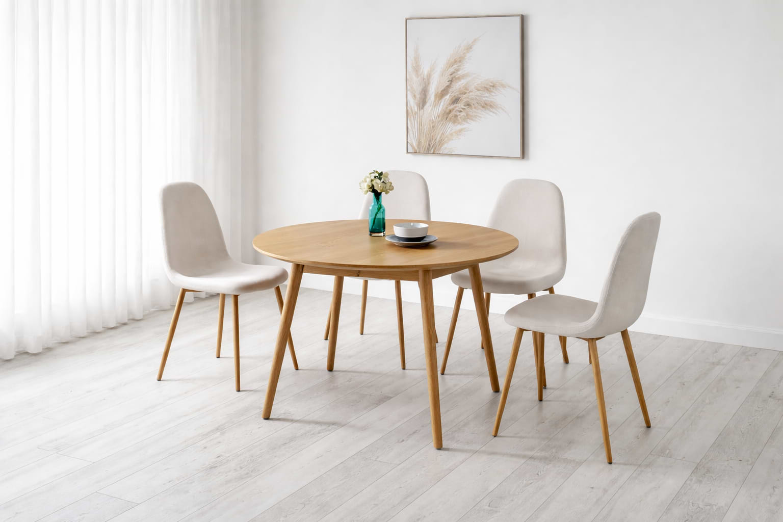 סט פינת אוכל שולחן עגול צבע עץ אלון קוטר 120 ס"מ דגם דניאל+ 4 כיסאות תואמים