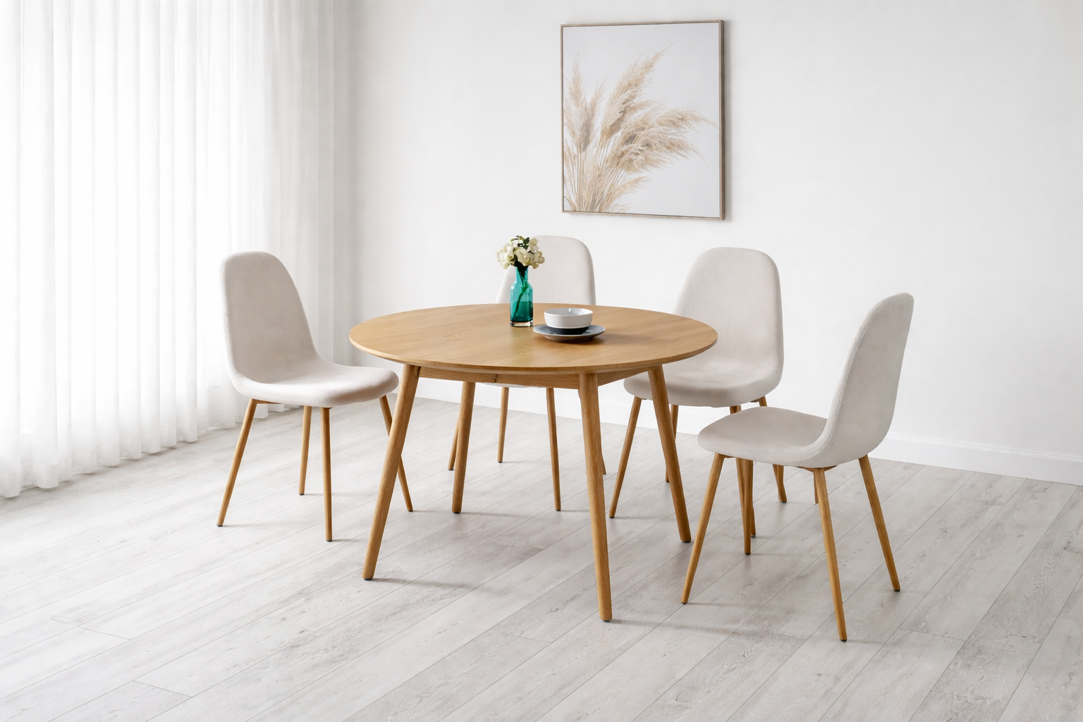 סט פינת אוכל שולחן עגול צבע עץ אלון  קוטר 120 ס"מ דגם דניאל+ 4 כיסאות תואמים