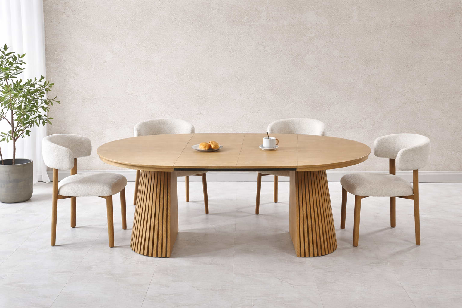 סט פינת אוכל שולחן אובלי נפתח צבע עץ אלון 120-160/200 ס"מ דגם ריאן + 4 כיסאות תואמים דגם שירז