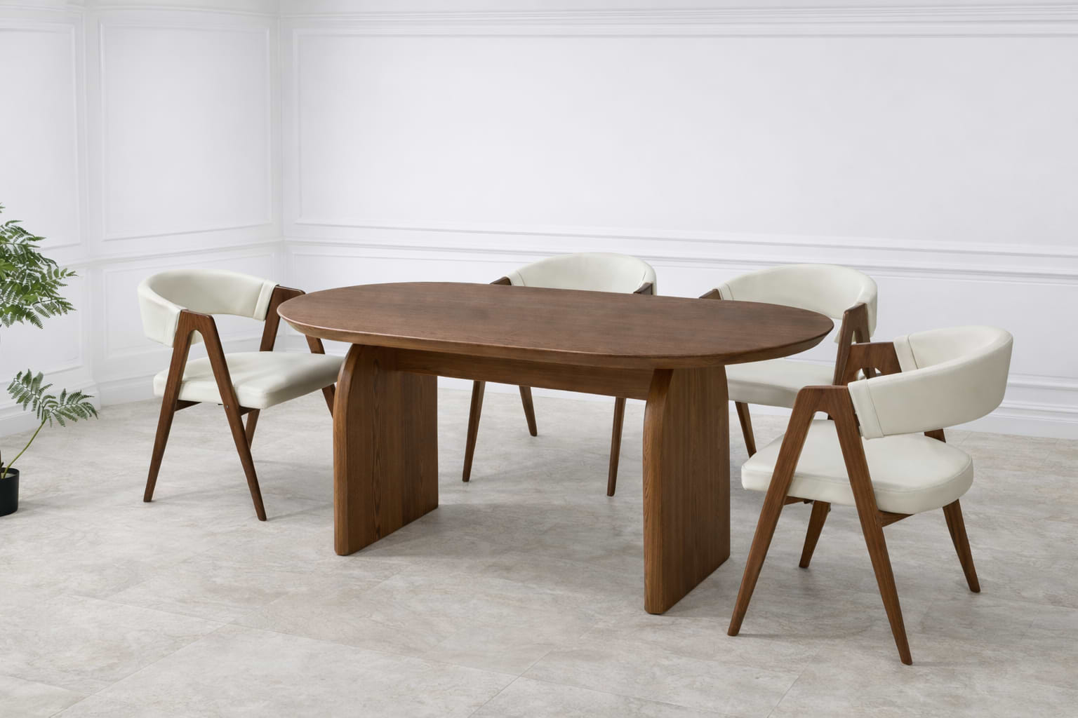 סט פינת אוכל שולחן פינת אוכל אובלי צבע עץ אגוז 180*90 ס"מ דגם מרטין+ 4 כיסאות דמוי עור סהרה בשילוב רגל אגוז דגם מודרן