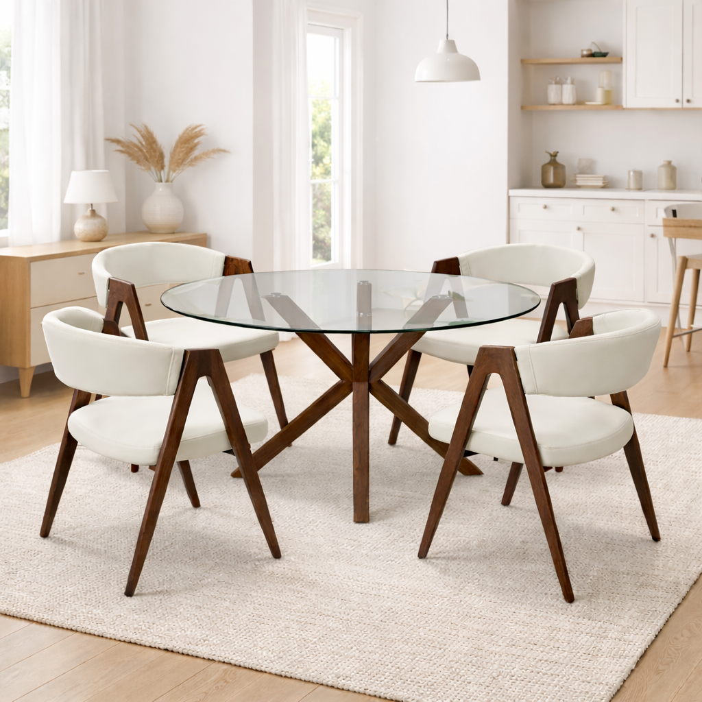 סט שולחן אוכל זכוכית רגל דמוי עץ אגוז ובשילוב 4 כסאות דמוי עור בשילוב רגל אגוז דגם מודרן