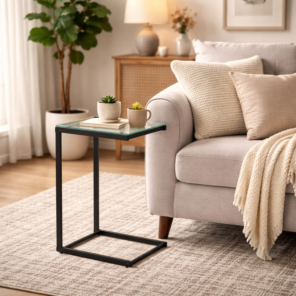 שולחן צד / נשכן פלטת זכוכית ורגלי שחורה