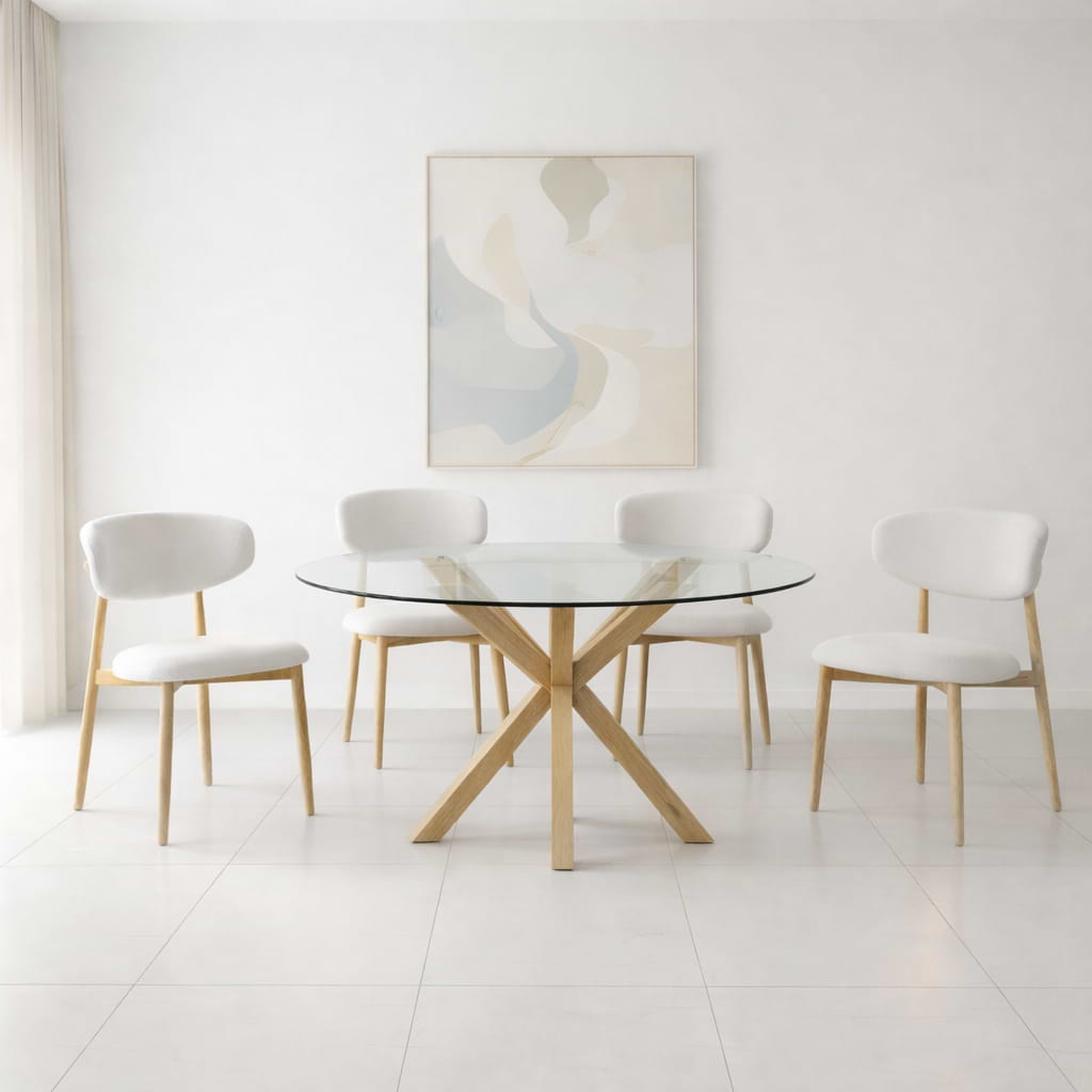 סט פינת אוכל שולחן זכוכית עגול רגל אלון בשילוב 4 כיסאות ריפוד חול רגל אלון celio