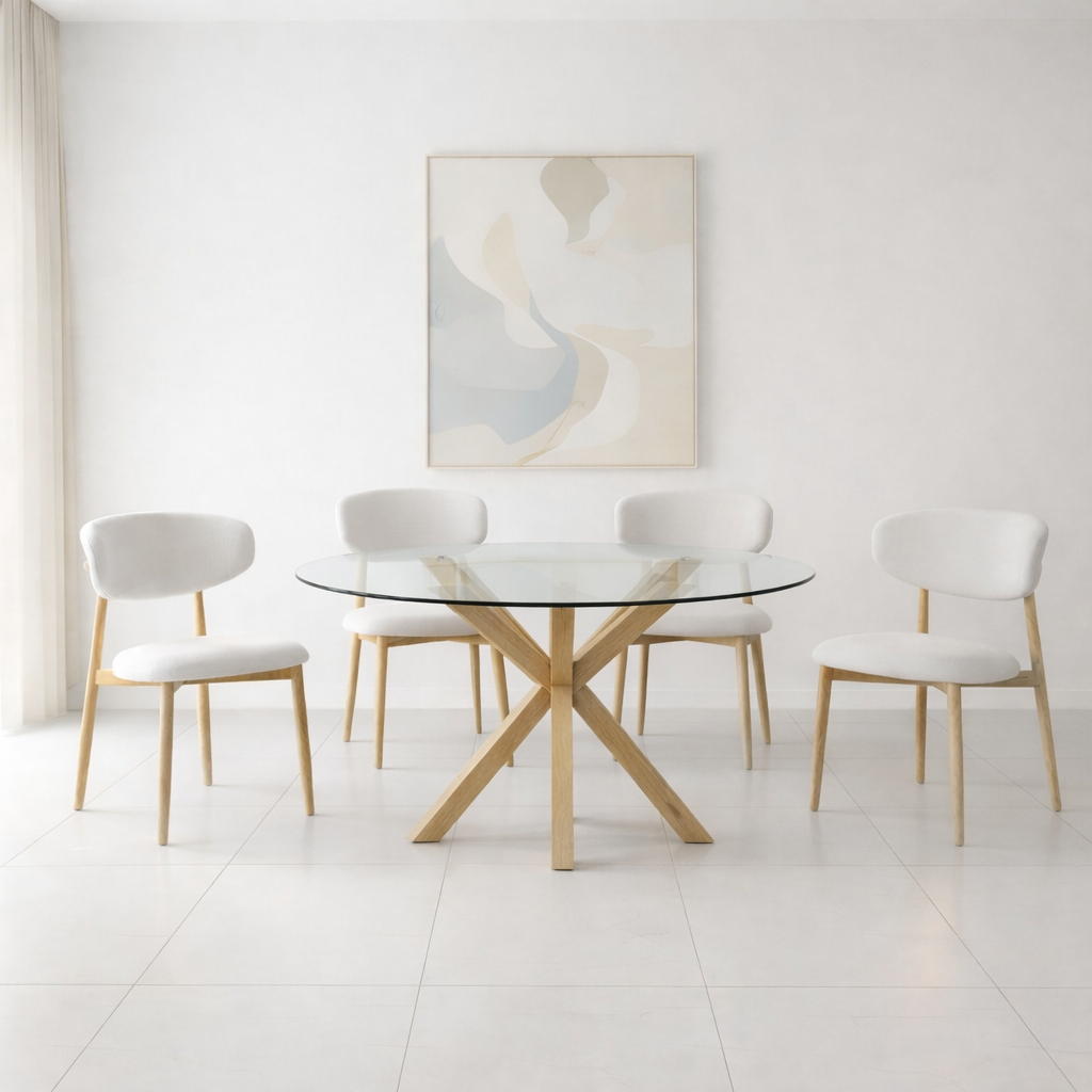 סט פינת אוכל שולחן זכוכית עגול רגל אלון בשילוב 4 כיסאות ריפוד חול רגל אלון celio