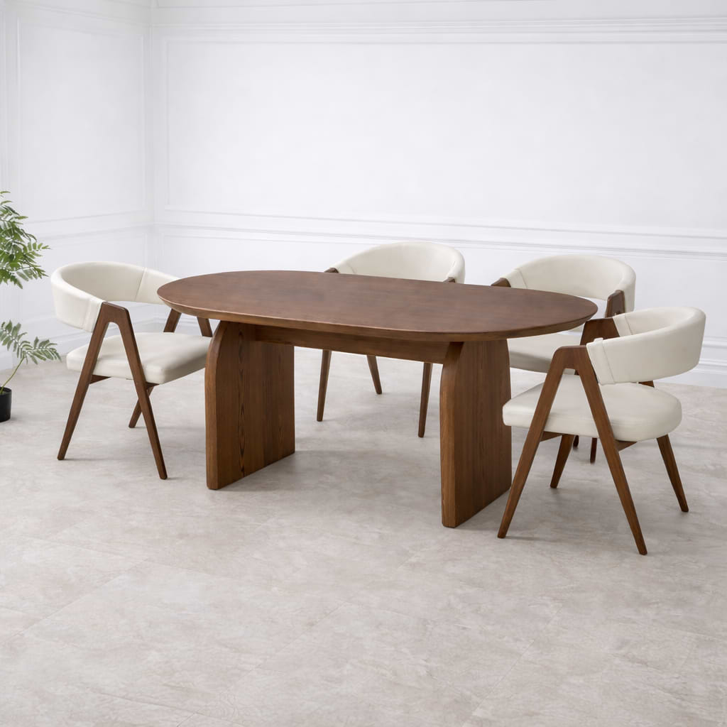 סט פינת אוכל שולחן פינת אוכל אובלי צבע עץ אגוז 180*90 ס"מ דגם מרטין+ 4 כיסאות דמוי עור סהרה בשילוב רגל אגוז דגם מודרן