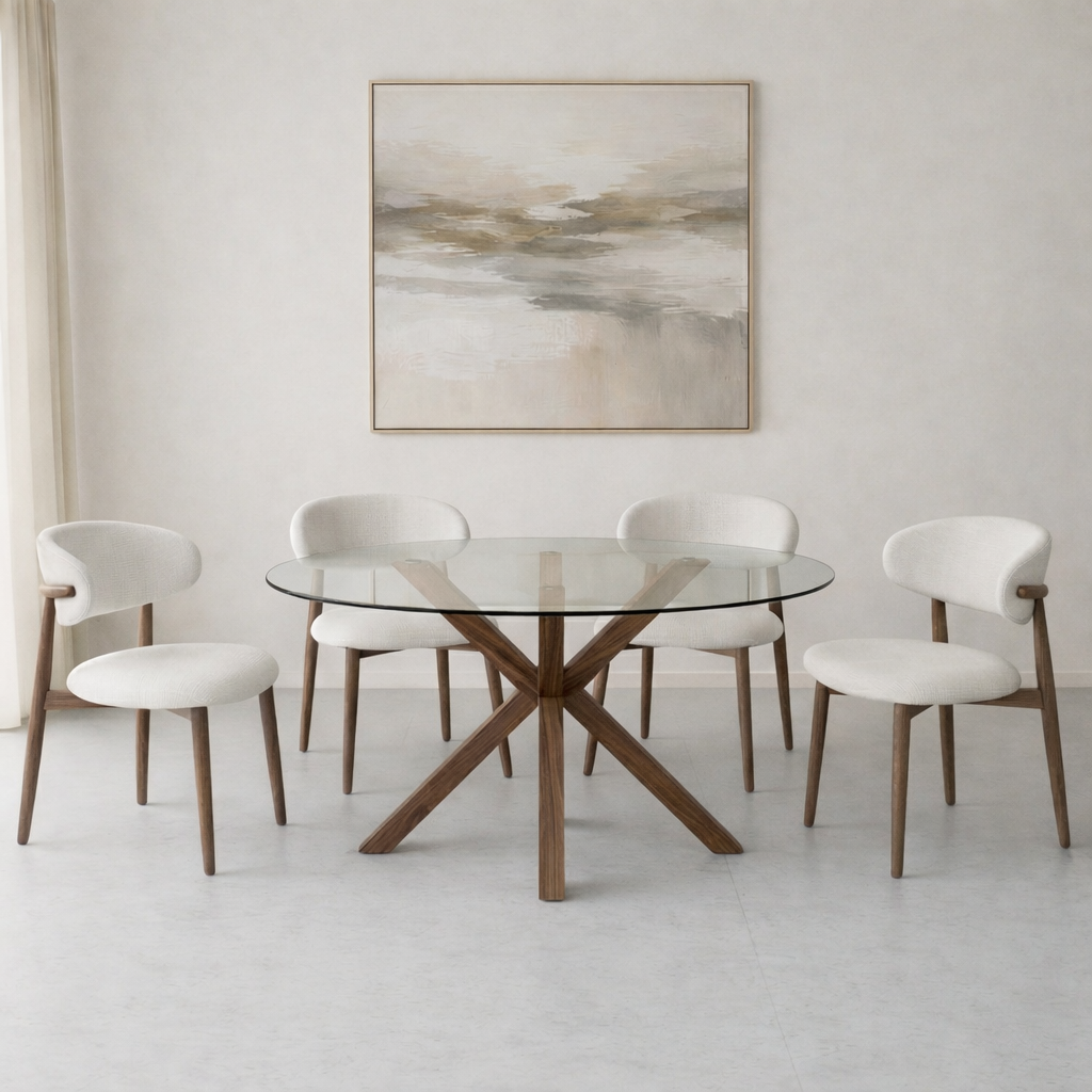 סט פינת אוכל שולחן זכוכית עגול רגל אגוז בשילוב 4 כיסאות ריפוד חול רגל אגוז celio