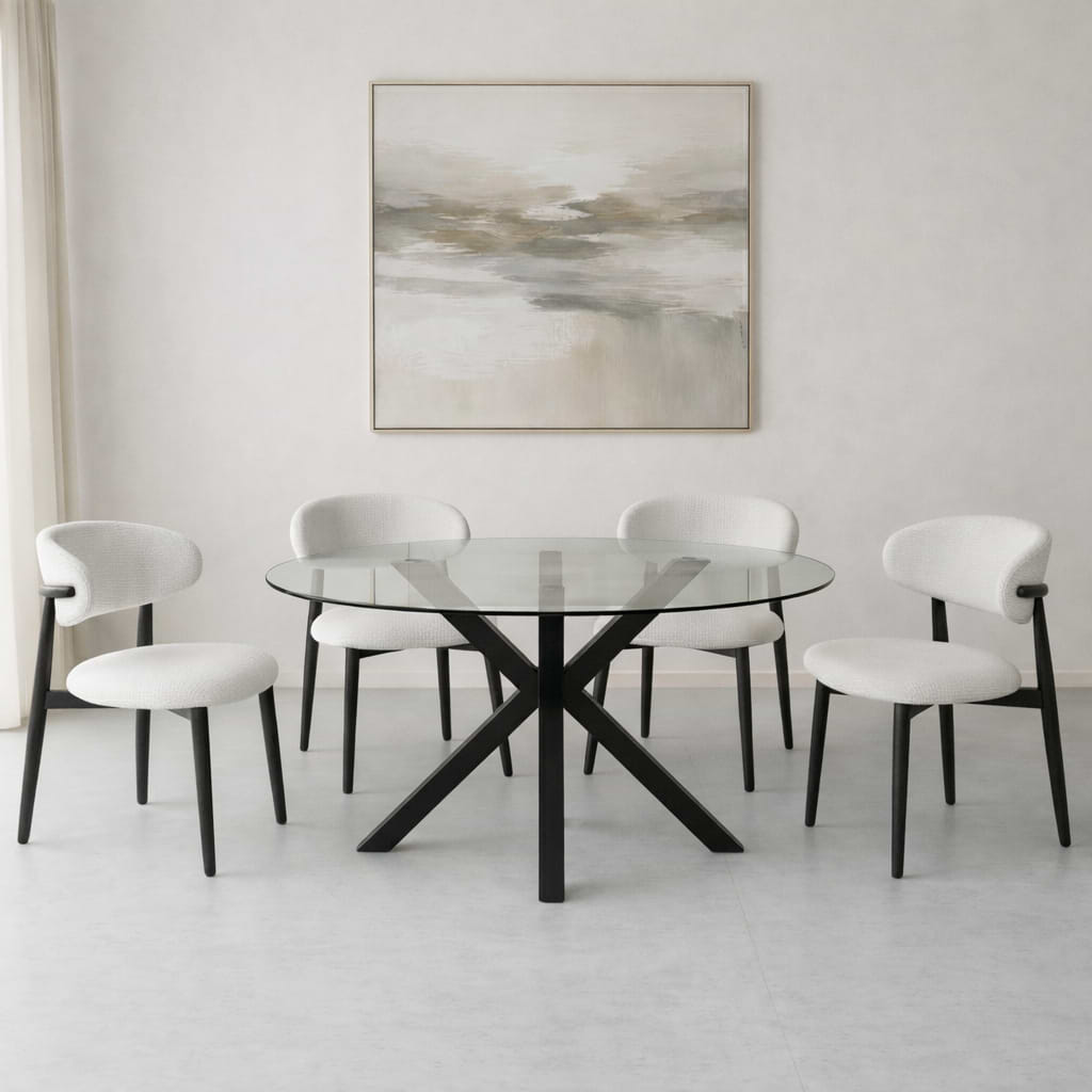 סט פינת אוכל שולחן זכוכית עגול רגל שחורה בשילוב 4 כיסאות ריפוד חול רגל שחור celio