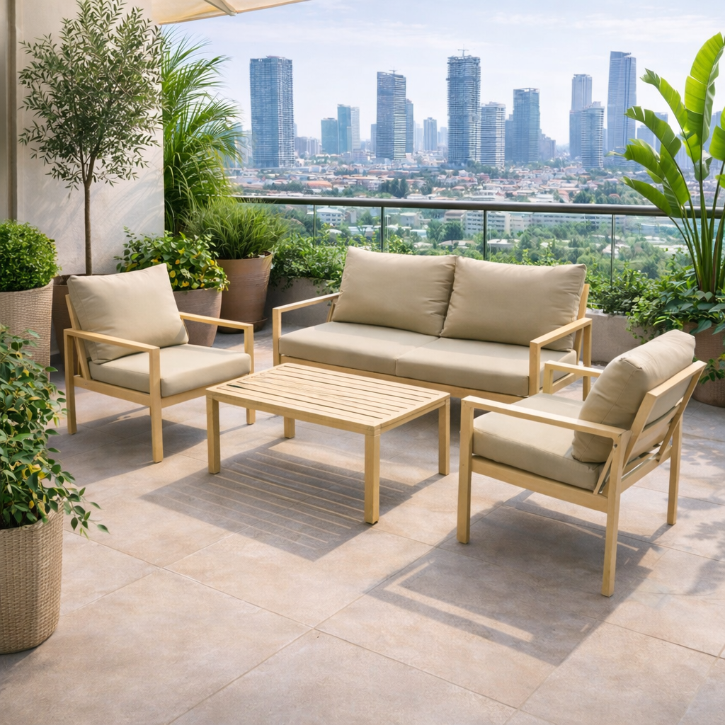 פינת ישיבה לגינה מאלומיניום שמפניה בשילוב כריות בז' דגם איתמר