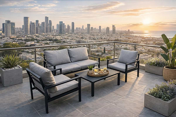 פינת ישיבה לגינה מאלומיניום אפור בשילוב כריות אפורות דגם איתמר