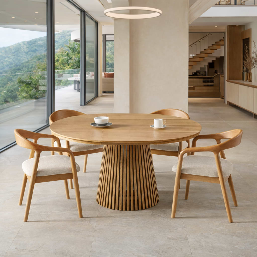 שולחן פינת אוכל עגול נפתח צבע עץ אלון 120-160 ס"מ דגם דילן + 4 כיסאות ג'ורדן צבע אלון בשילוב בד חול