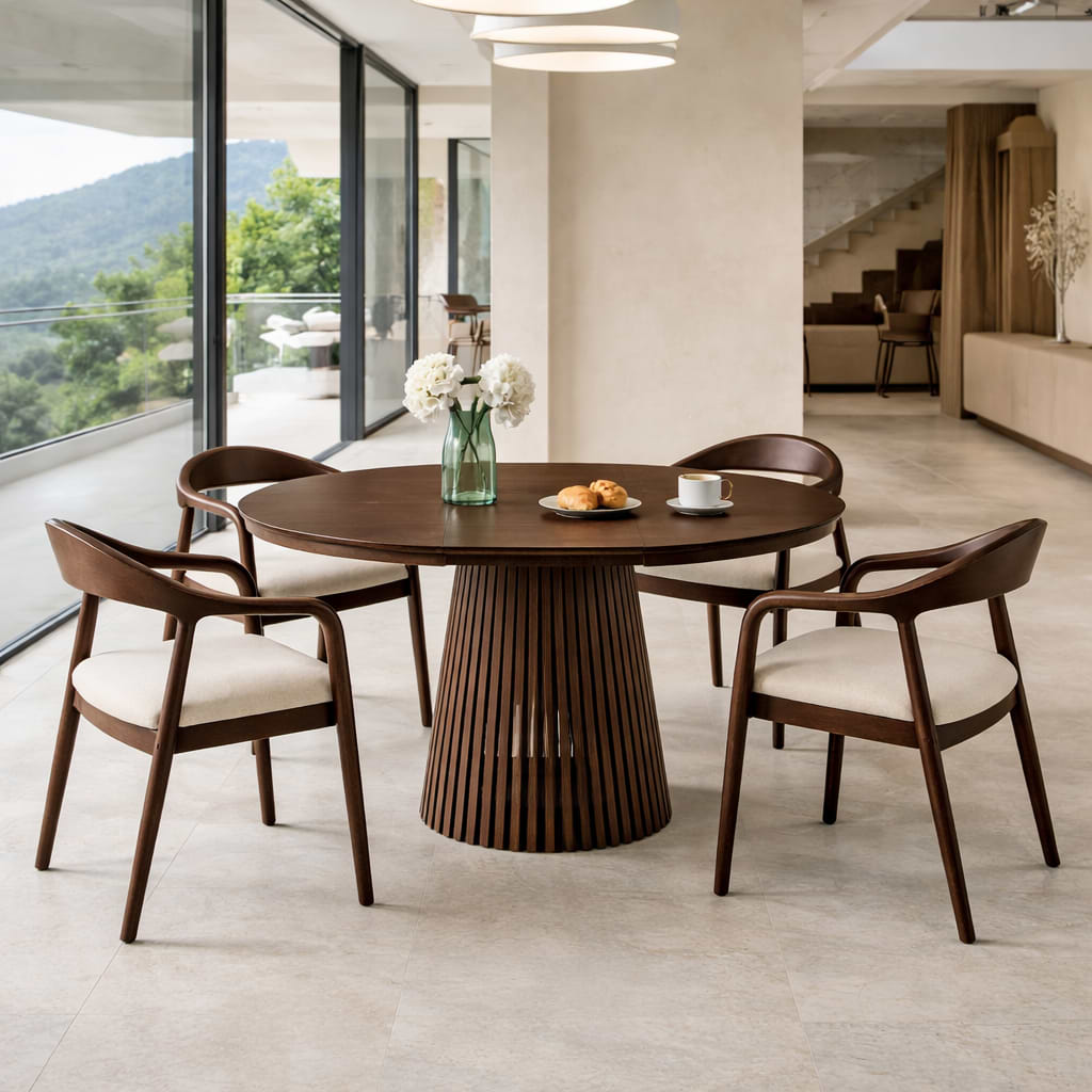 שולחן פינת אוכל עגול נפתח צבע עץ אגוז 120-160 ס"מ דגם דילן + 4 כיסאות ג'ורדן צבע אגוז בשילוב בד חול