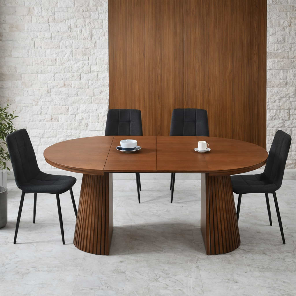 סט פינת אוכל שולחן אובלי נפתח צבע עץ אגוז 120-160/200 ס"מ בתוספת 4 כיסאות מרופדים במגוון צבעים דגם שחר (שחור)