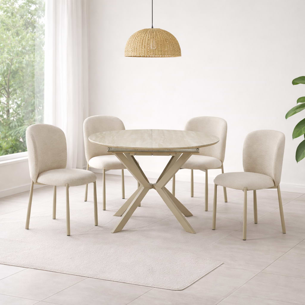 סט פינת אוכל שולחן עגול נפתח טרוונטין בשילוב רגל מתכת בצבע מייפל דגם דיאנה + 4 כיסאות מרופדים בגוון חול רגל מייפל דגם לני