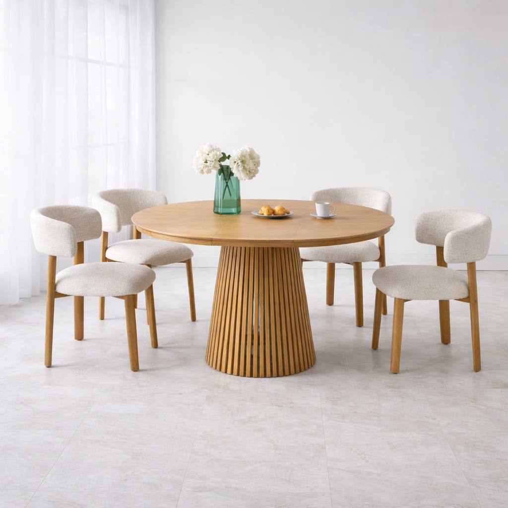 שולחן פינת אוכל עגול נפתח צבע עץ אלון 120-160 ס"מ דגם דילן + 4 כיסאות שירז צבע אלון בשילוב בד חול